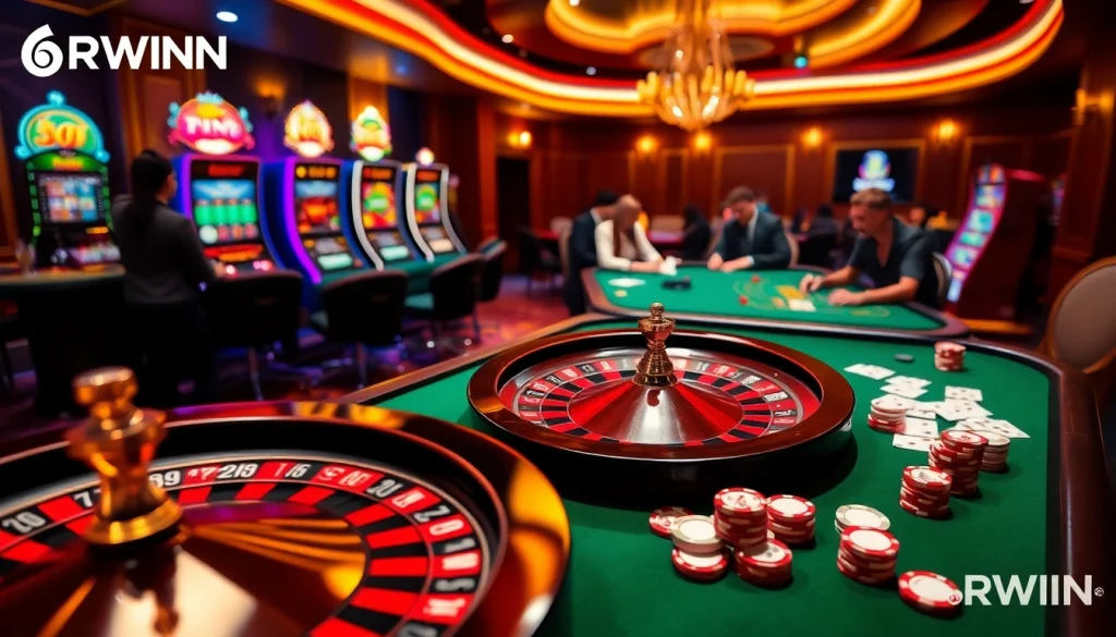 Experience thrilling moments with 6RWIN at a luxurious casino table surrounded by excitement.