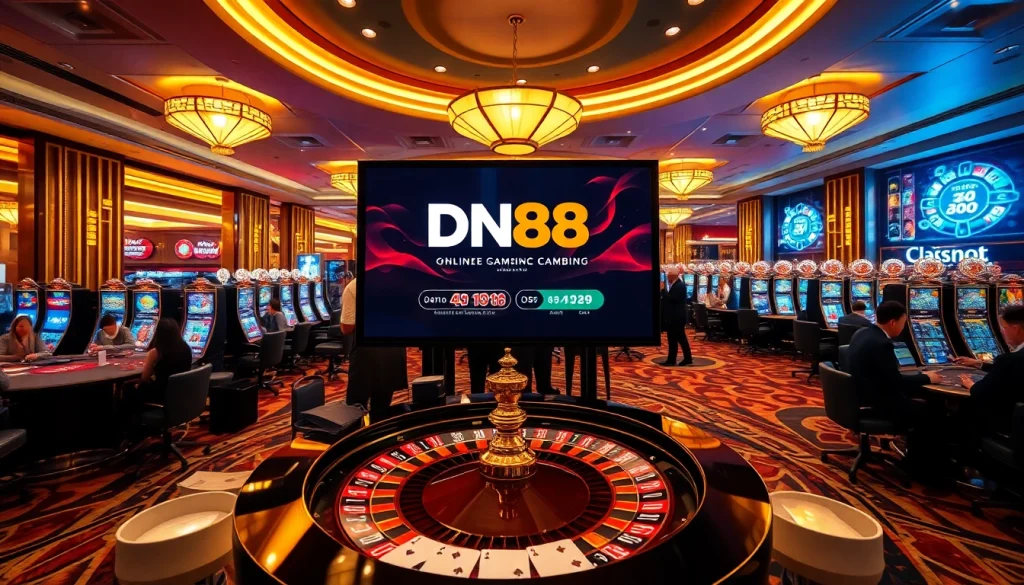 Betting at DN88 casino, showcasing vibrant roulette and slot games in a luxurious setting.