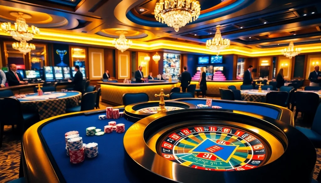 Players engaging in an exciting game at an i9bet casino table filled with vibrant chips and cards.