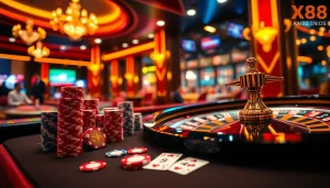 Excited gambler enjoying a game at the nhà cái xx88 roulette table with vibrant casino elements.