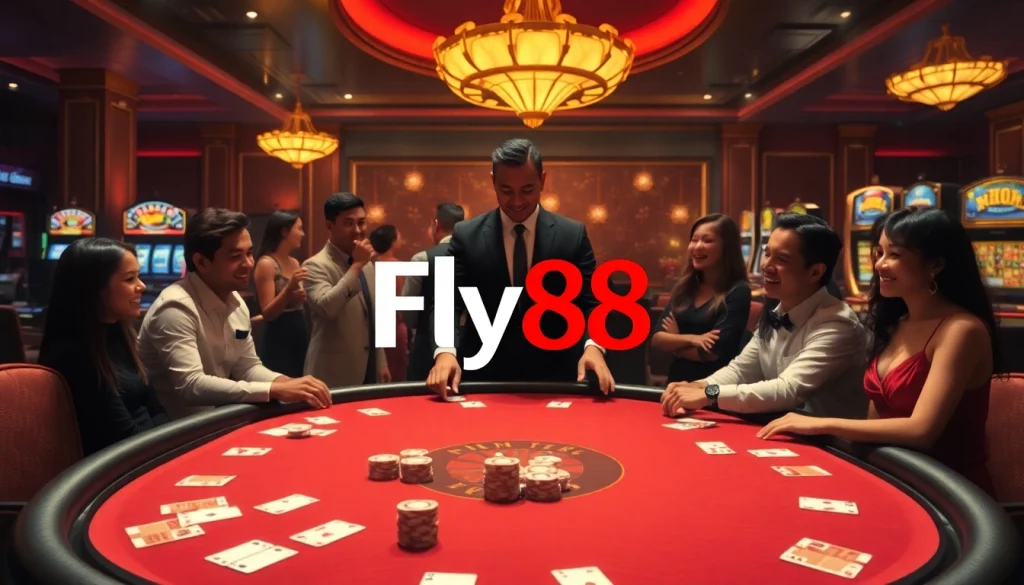 Engage with Fly88 at a luxurious casino table featuring chips and cards.
