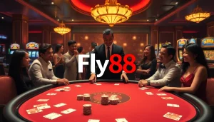 Engage with Fly88 at a luxurious casino table featuring chips and cards.