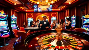 Experience the thrill of luckywin at a luxurious casino with vibrant roulette and slot machines.