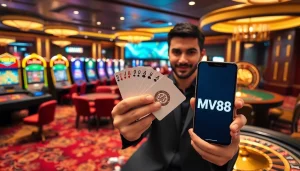 Engaging scene of a player winning at MV88 casino, showcasing vibrant gambling tables and excitement.