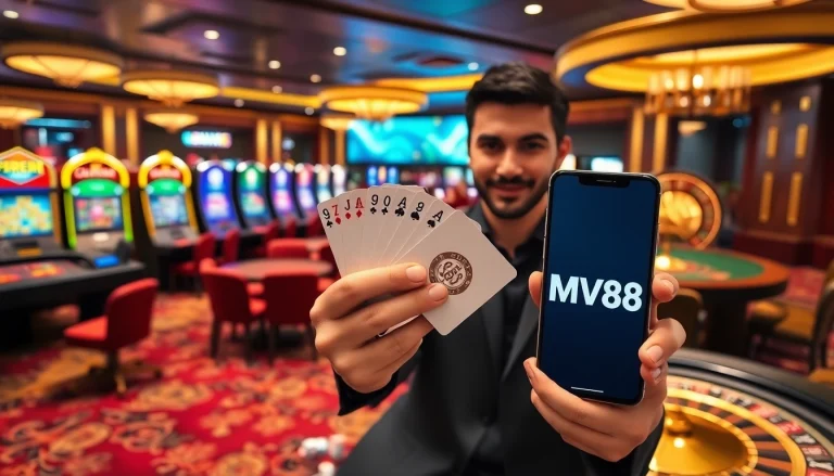 Engaging scene of a player winning at MV88 casino, showcasing vibrant gambling tables and excitement.