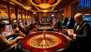 Celebrate khuyến mãi okfun with a vibrant casino scene showcasing roulette, cards, and players in high-stakes action.