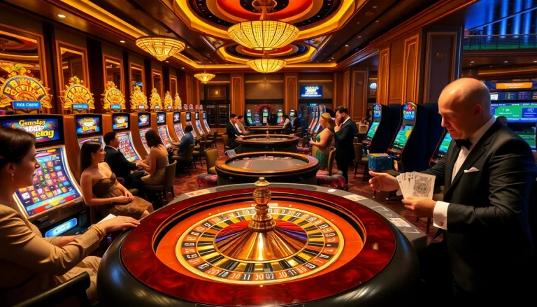 Celebrate khuyến mãi okfun with a vibrant casino scene showcasing roulette, cards, and players in high-stakes action.