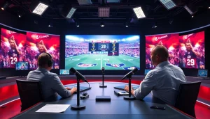 Engaging sports broadcasting studio scene with broadcasters on air.