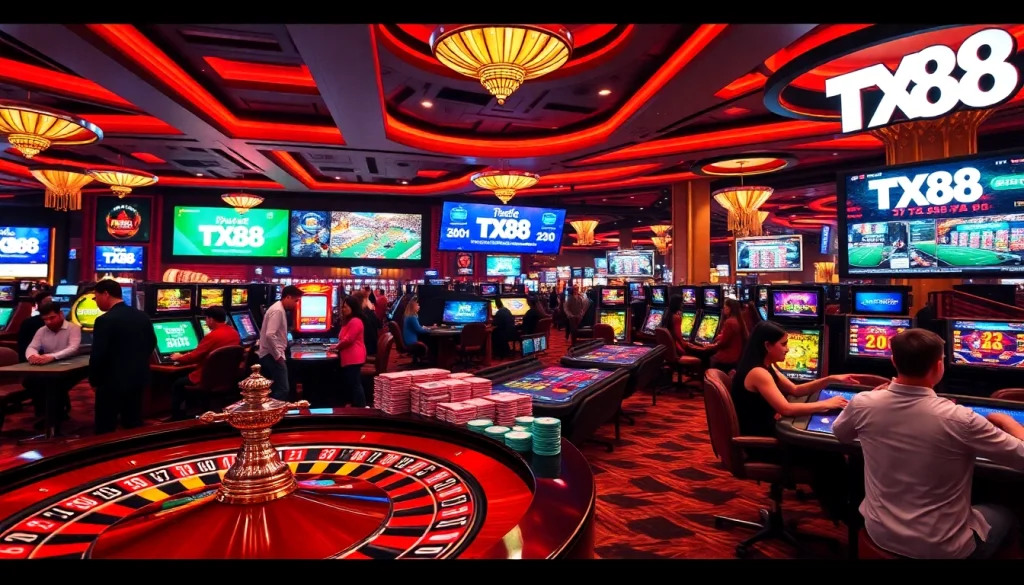 TX88 offers professional gaming experiences with vibrant casino tables, poker chips, and sports betting excitement.