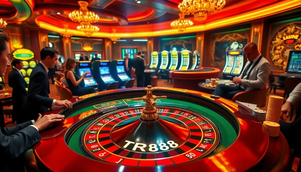 Engaged players betting at a luxurious roulette table with TR88 branding visible.
