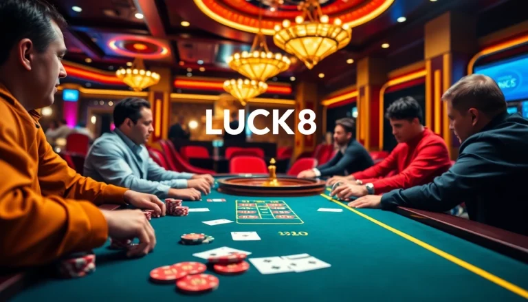 Người chơi LUCK8 lên kế hoạch chiến lược tại bàn casino cược cao, với bài và chip.