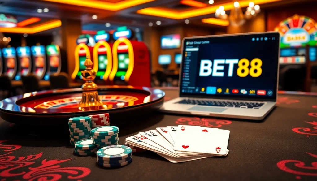 Experience the excitement of nhà cái BET88 with vibrant poker chips and a roulette wheel in a luxurious casino setting.