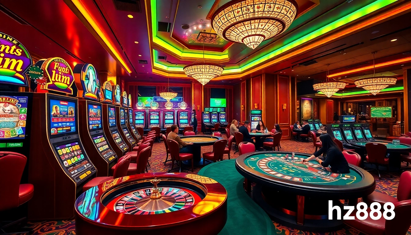 Exciting winning moment at hz88 casino with vibrant slot machines and roulette table.