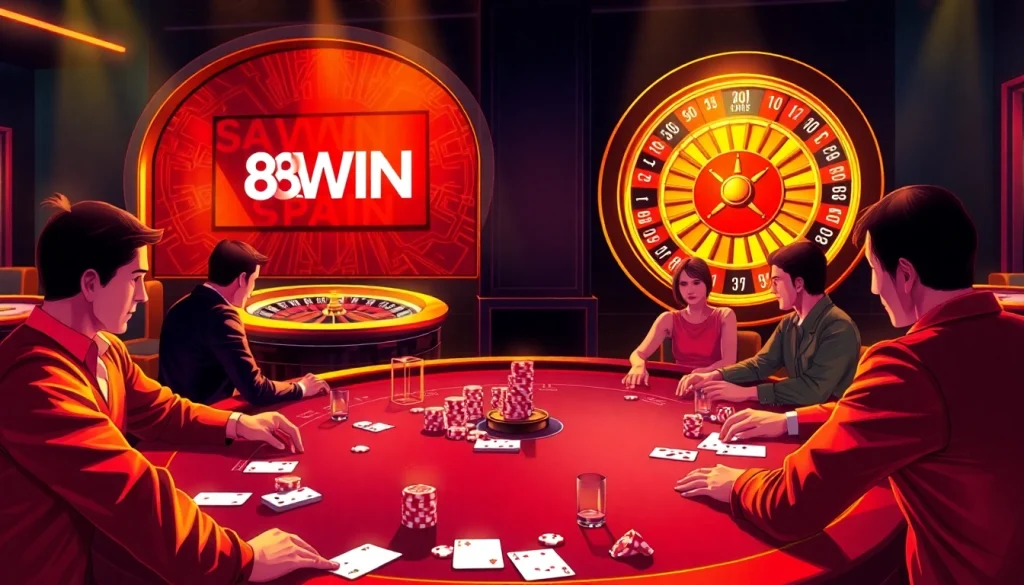 Players strategizing at a dynamic poker table featuring the 98WIN brand in a luxurious casino setting.