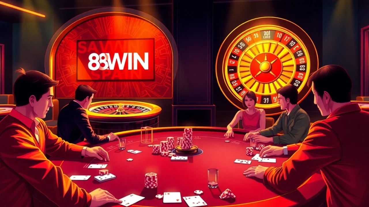 Players strategizing at a dynamic poker table featuring the 98WIN brand in a luxurious casino setting.
