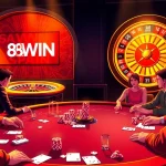 Players strategizing at a dynamic poker table featuring the 98WIN brand in a luxurious casino setting.