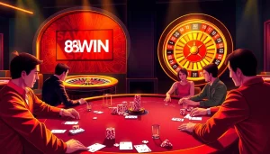 Players strategizing at a dynamic poker table featuring the 98WIN brand in a luxurious casino setting.