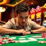 A skilled player engaged in a thrilling game bài session at a lively casino table, surrounded by colorful chips and cards.