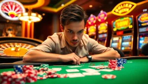 A skilled player engaged in a thrilling game bài session at a lively casino table, surrounded by colorful chips and cards.
