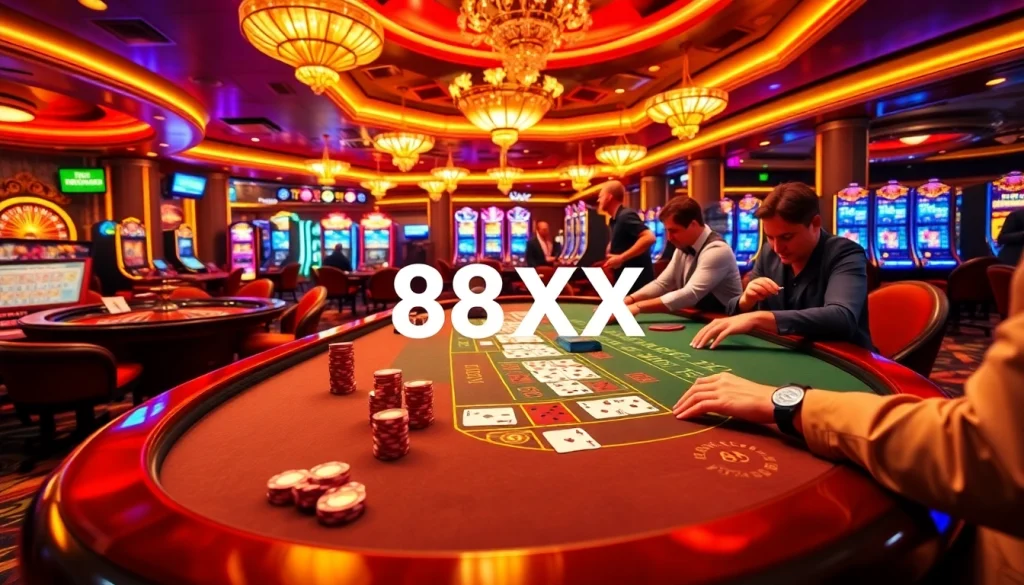 A blackjack table in a luxurious casino illustrating 88xx win, with players focused on their cards and vibrant poker chips surrounding them.
