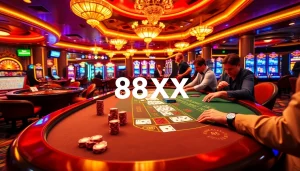 A blackjack table in a luxurious casino illustrating 88xx win, with players focused on their cards and vibrant poker chips surrounding them.