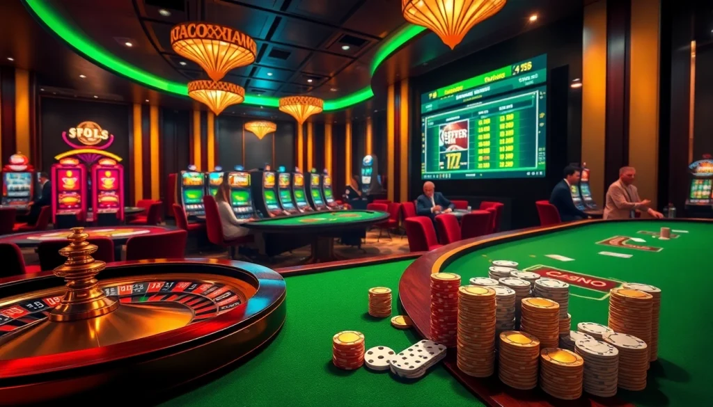 Experience lively casino excitement with fun88.foundation: players engaging at slot machines and tables.