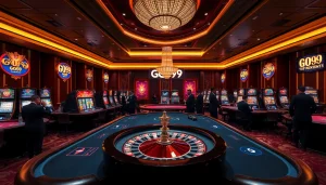 Experience the thrill of Go99 at a luxurious casino with vibrant slot machines and poker tables.