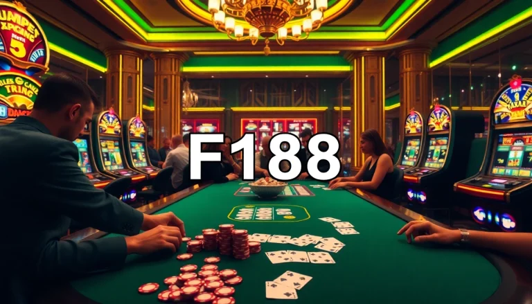 Players reveling at a casino table featuring F168 branding amidst colorful slot machines.
