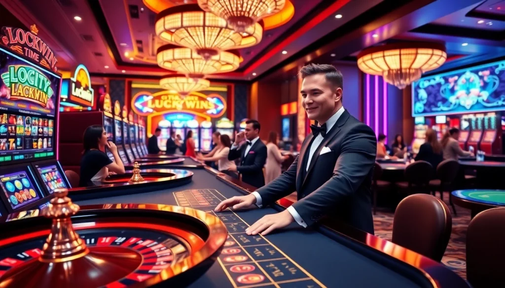 Exciting scene of players enjoying Luckywin casino games with vibrant slot machines and roulette wheels.