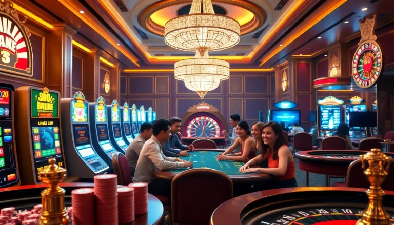 Players enjoying a thrilling game at MM88 COM casino, highlighted by vibrant slot machines and a roulette wheel.