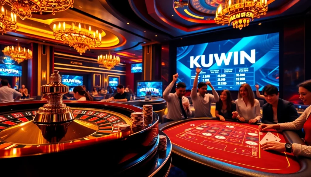 KUWIN digital gambling scene featuring poker chips, cards, and a roulette wheel in a vibrant casino setting.