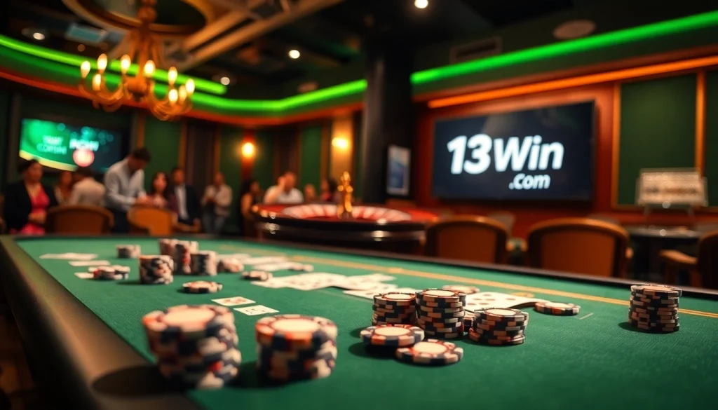 Action-packed gambling scene showcasing 13Win Com poker table and roulette wheel.
