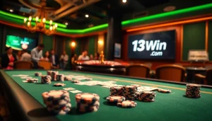 Action-packed gambling scene showcasing 13Win Com poker table and roulette wheel.