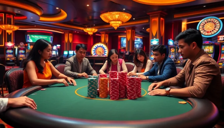 Players at a poker table with 5Z777 chips highlight strategic gaming in a luxurious casino.