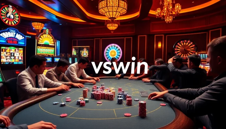High-stakes poker action at a vibrant casino table featuring vswin chips and players strategizing.