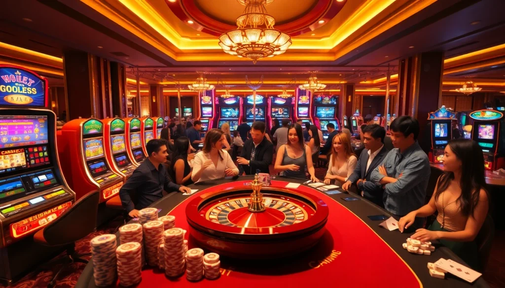 Engage in thrilling gameplay at https://suncity.one/ with vibrant slot machines and poker chips display.