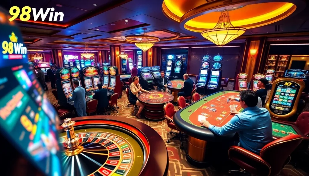 Experience the excitement of gaming at 98Win's luxurious casino with poker tables and roulette.
