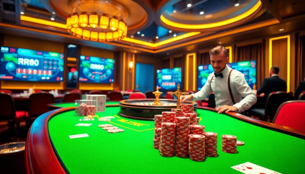 Experience the excitement of RR88 with poker chips and cards at a vibrant casino table.