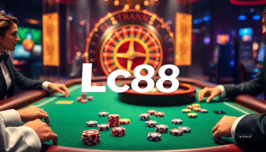 Players enjoy an engaging round of poker at Lc88's luxurious casino tables.