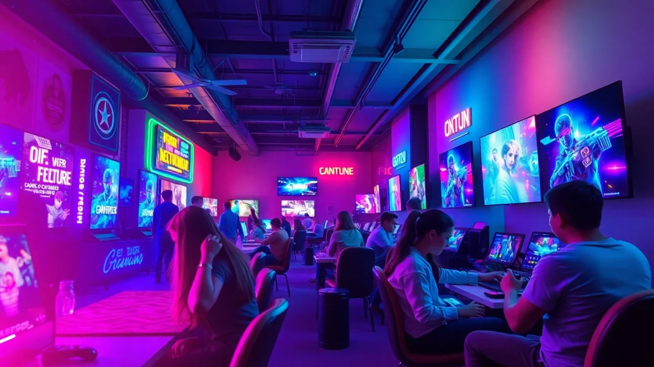 Exciting digital gaming environment with players interacting, highlighting https://okfun.uk.net/ services in a vibrant atmosphere.
