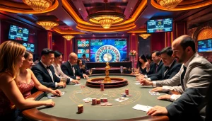 Players strategizing at a poker table in a vibrant casino inspired by https://88vv.media/.