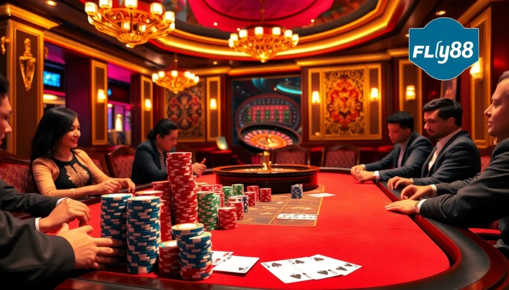 Exciting poker scene featuring nhà cái FLY88 logo with colorful chips and vibrant atmosphere.