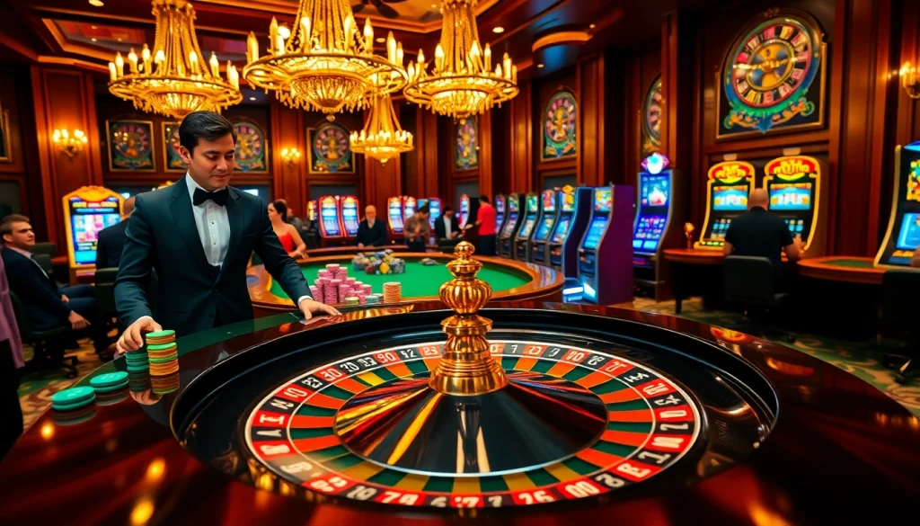 KJC casino scene showcasing players engaged at roulette, surrounded by colorful chips and professional ambiance.