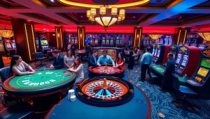 Experience the thrill of 388bet casino with vibrant gaming tables and excited players.