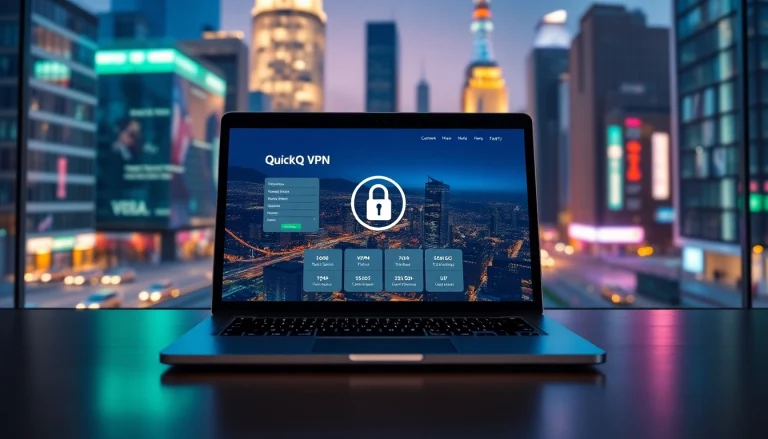 在炫酷笔记本上体验 QuickQ电脑版 VPN 的卓越功能，背景是充满活力的城市景观，象征连接与隐私。