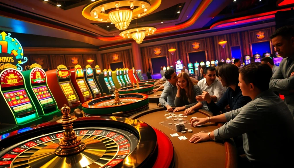 Experience excitement at https://23winn.casino/ with gamblers at a lively poker table and vibrant roulette wheels.