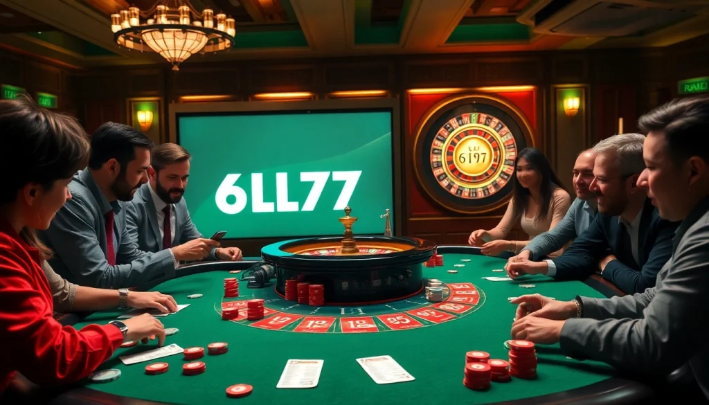 Players excitedly engage in blackjack with vibrant chips and the 6L777 logo subtly in the background.