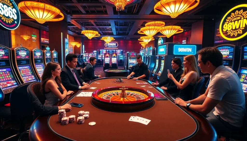 Experience the excitement of winning at 98WIN casino with vibrant gaming tables and luxurious decor.