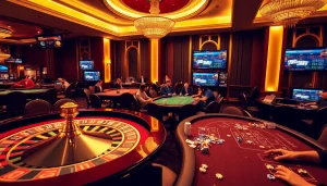 Bong88 players immersed in a thrilling casino atmosphere with poker tables and roulette wheels.