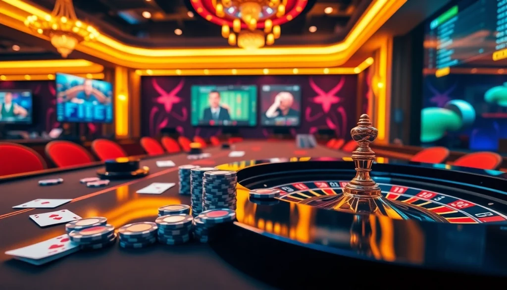 Experience thrilling games with FE BET at a luxurious casino, featuring roulette and poker action.